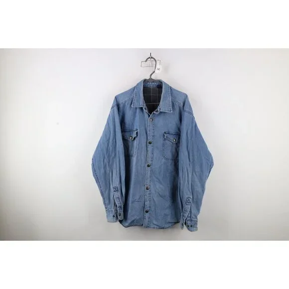 Vtg 90s Streetwear Mens XL Faded Flannel Lined Denim Jean Button Shirt Jacket - Picture 1 of 16